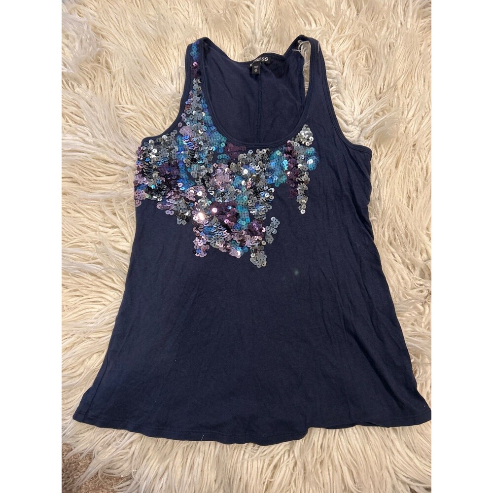Express Tank Top Shirt Women XS Navy Sequined sleeveless top